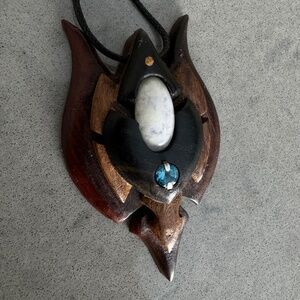 Handmade Nature Pendant Aquamarine Artisan Rosewood Wood Gemstone Necklace